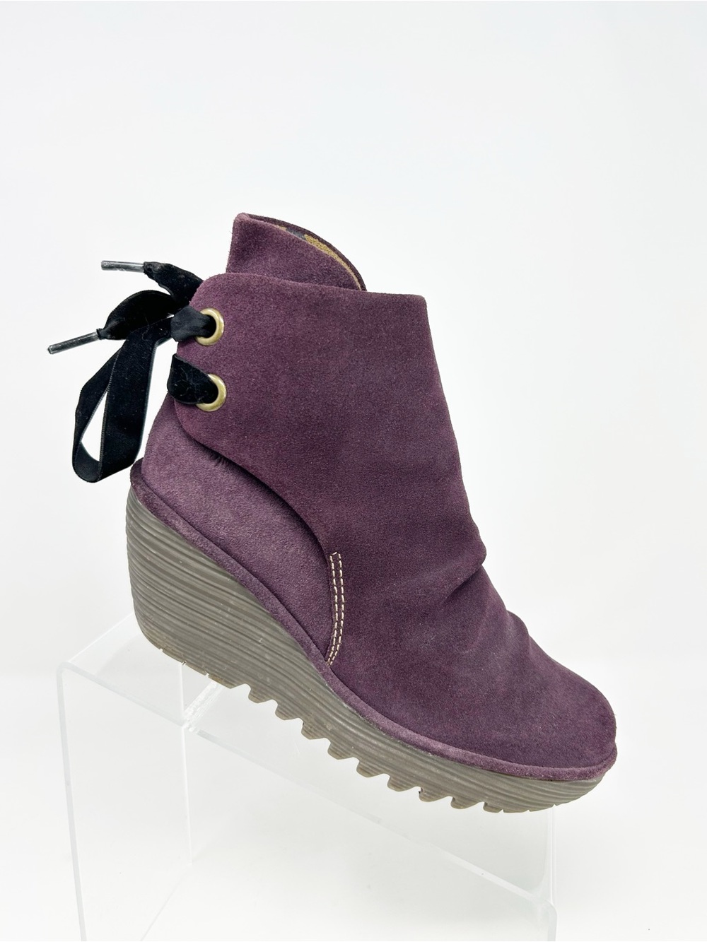 FLY London Purple Wedge Ankle Booties Back Lace Up Ruched Ribbon Laces Size 36